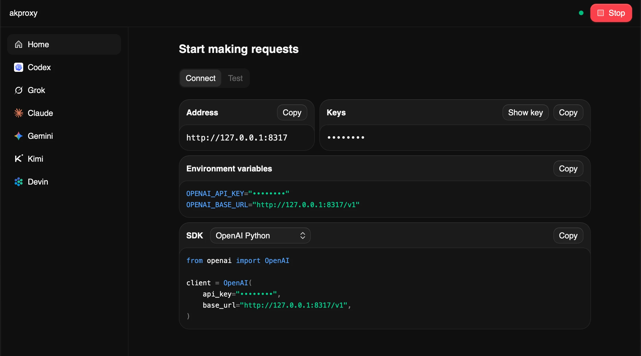 The akproxy home page with the address, key, .env, and an OpenAI Python example